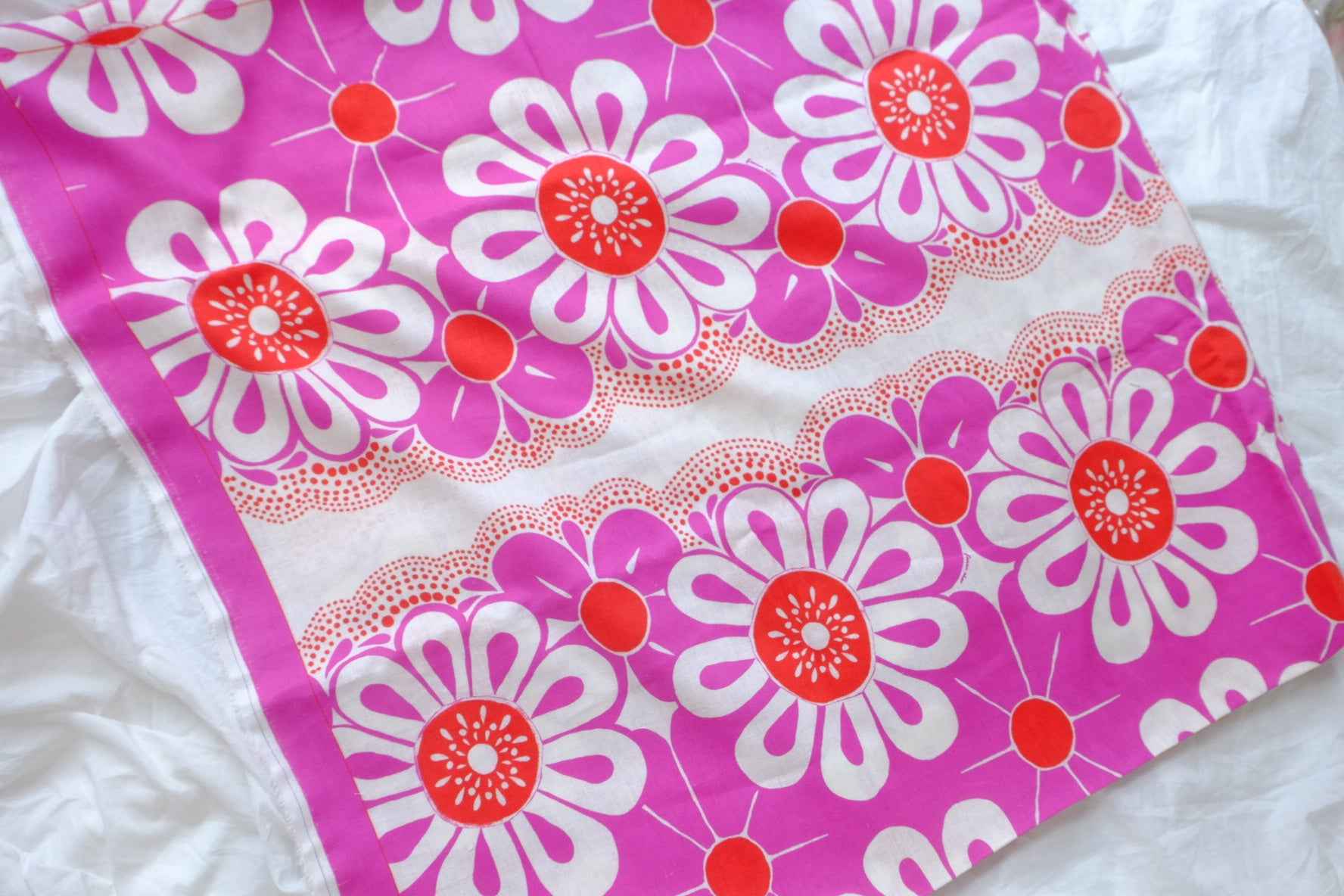 Farm Rio Deadstock Placement Floral Cotton Linen Fabric, Pink and Orange Border Print, 1.64 Yards