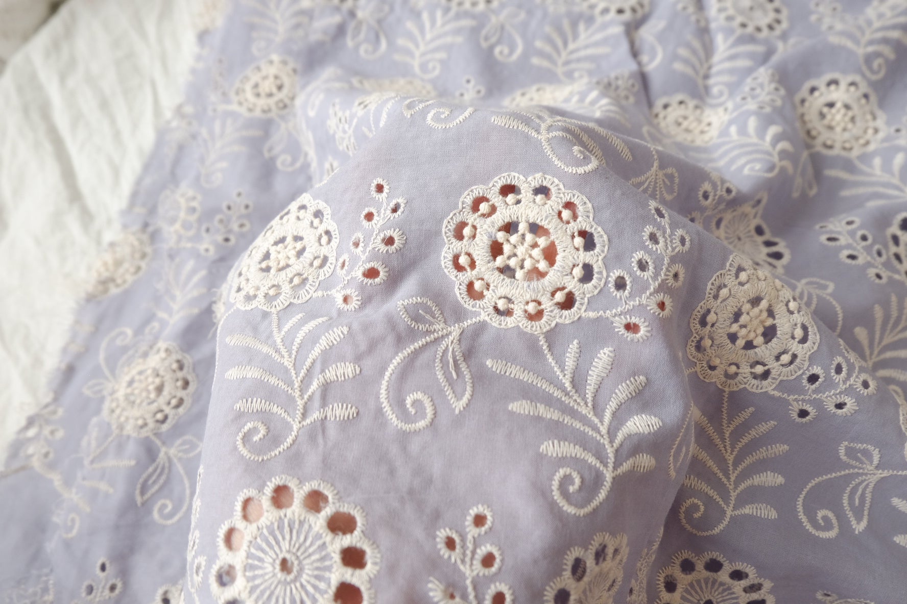 Blue Embroidered Eyelet Cotton Blend with Scalloped Edge, 2.19 Yards