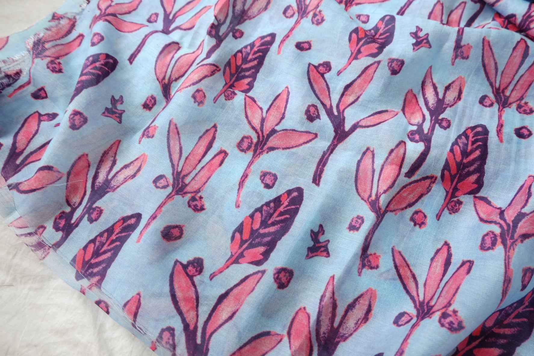 Blue Pink Leaf Tencel-Cotton Fabric - 1.97 yd