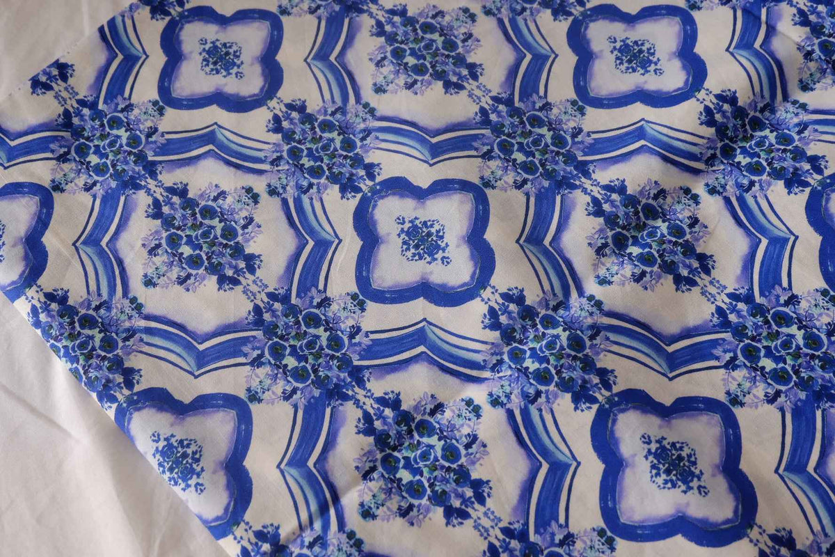 Blue Floral Tile Cotton Poplin — 3.28 yd