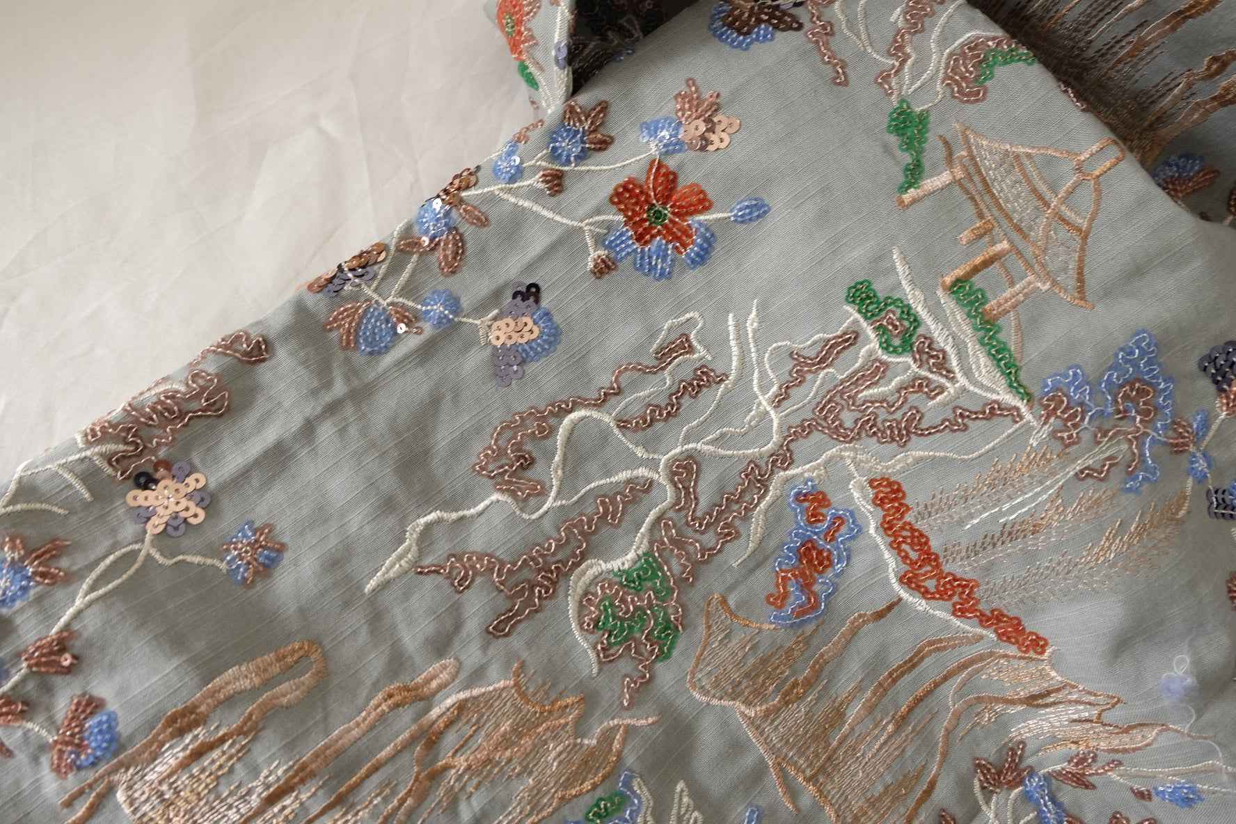 Hand Embroidered Sequin Beaded Landscape Cotton Linen Fabric – 2.2 yd