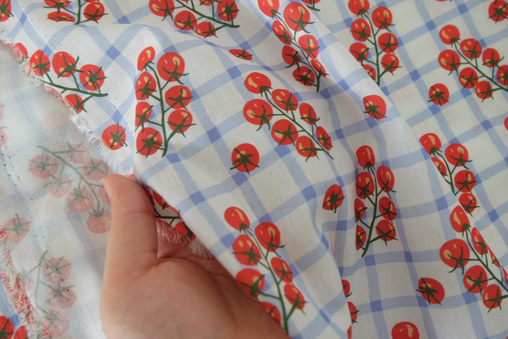 40s Cotton Poplin Fabric – Blue Gingham Tomato Vine Print – 3.3 yd