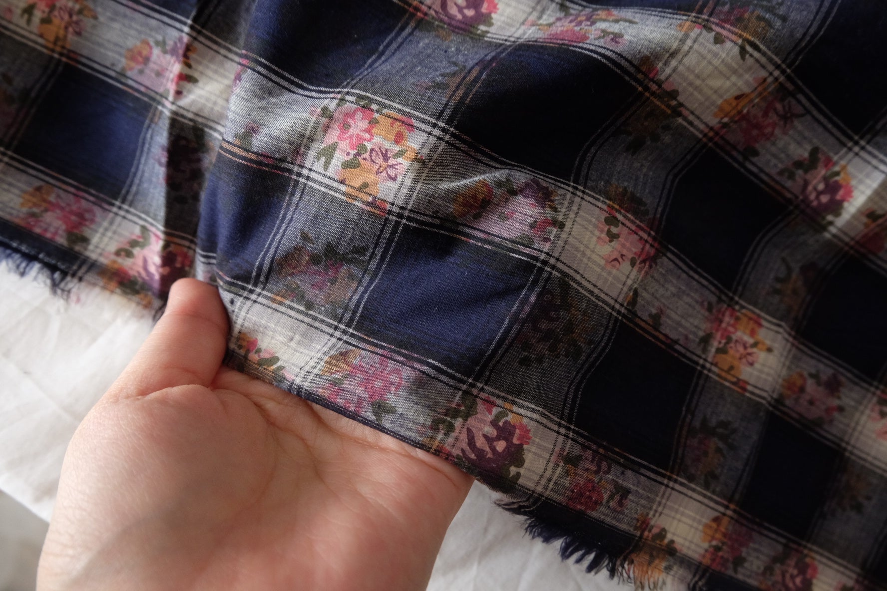 Navy Floral Plaid Cotton Fabric – 2.19 yd