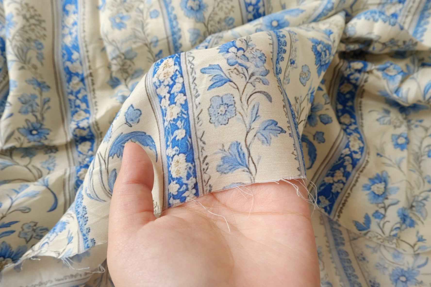 Porcelain Blue Floral Stripe Rayon Linen Fabric, Soft Airy Summer Weight, 2.41 Yards