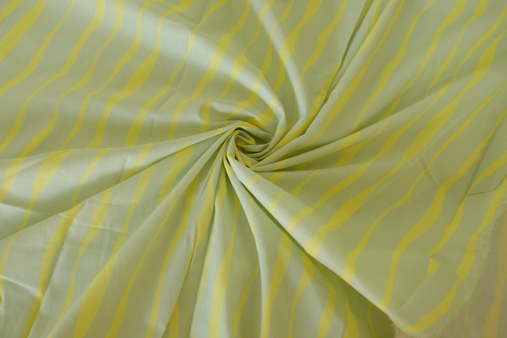 Modern Wave Stripe Cotton Lawn Fabric – Soft Green Yellow Print (3.8 yd Cut)