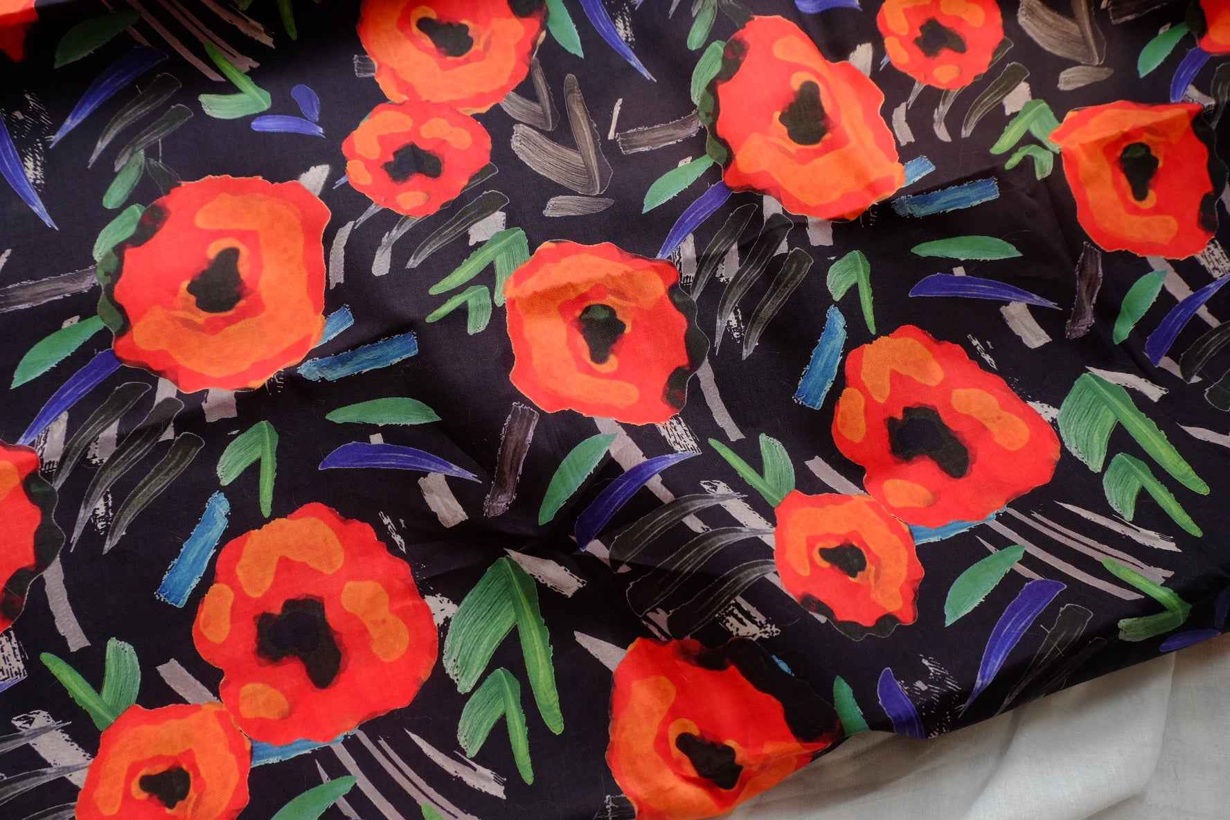 Bold Red Floral Cotton Poplin Fabric, High Density Papery , 3.28 Yards