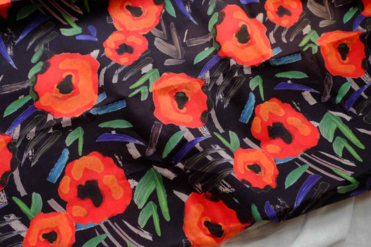 Bold Red Floral Cotton Poplin Fabric, High Density Papery , 3.28 Yards