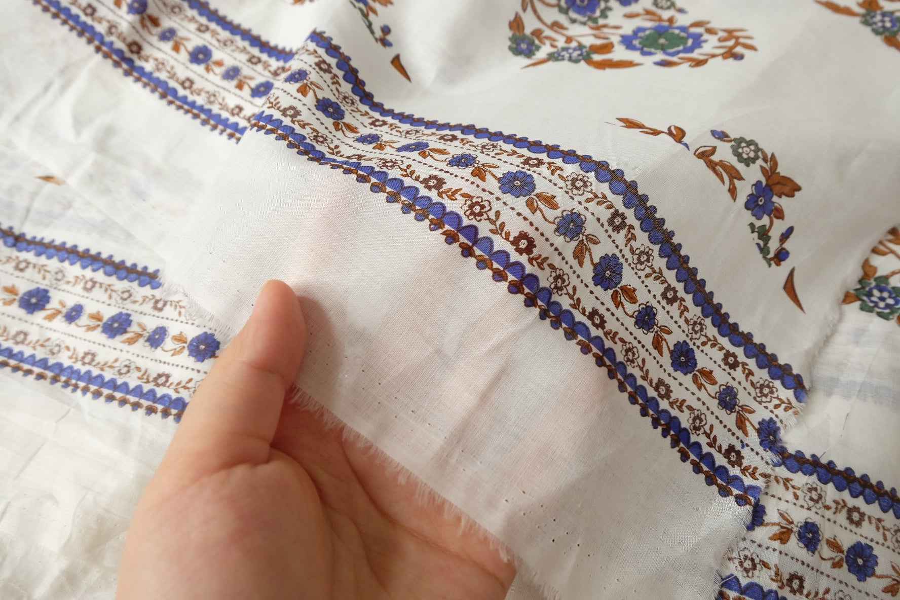 Border Floral Tencel Cotton Voile Fabric, Sheer Lightweight Dress Weight, 2.19 Yards
