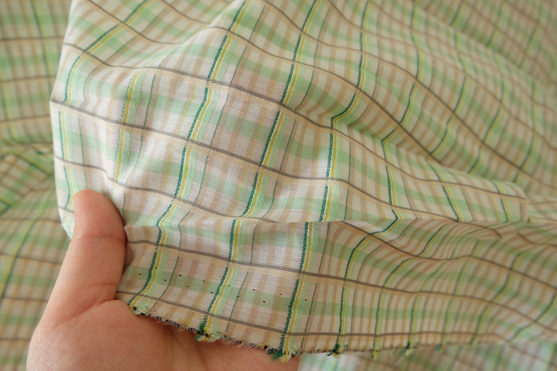 Yarn-Dyed Silk Cotton Check Fabric – Soft Green Plaid 2 yards