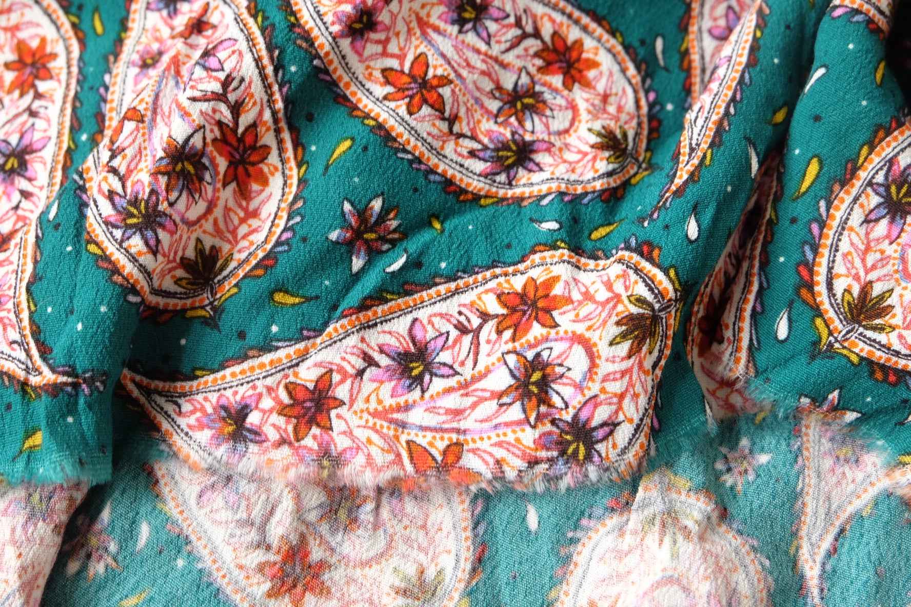 Teal Paisley Floral Textured Cupro Fabric,  1.86/2.2 Yards