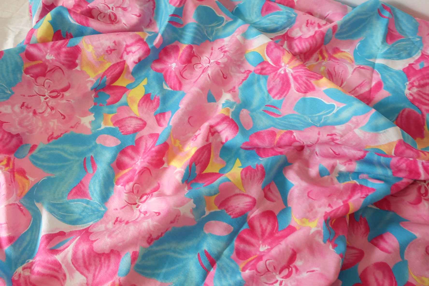 Pink Blue Floral Tencel Linen Nylon Fabric – 3.3 Yards