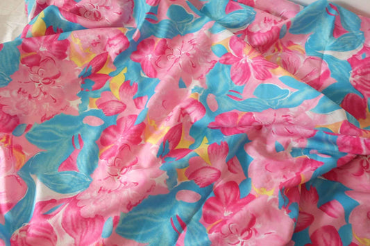 Pink Blue Floral Tencel Linen Nylon Fabric – 3.3 Yards
