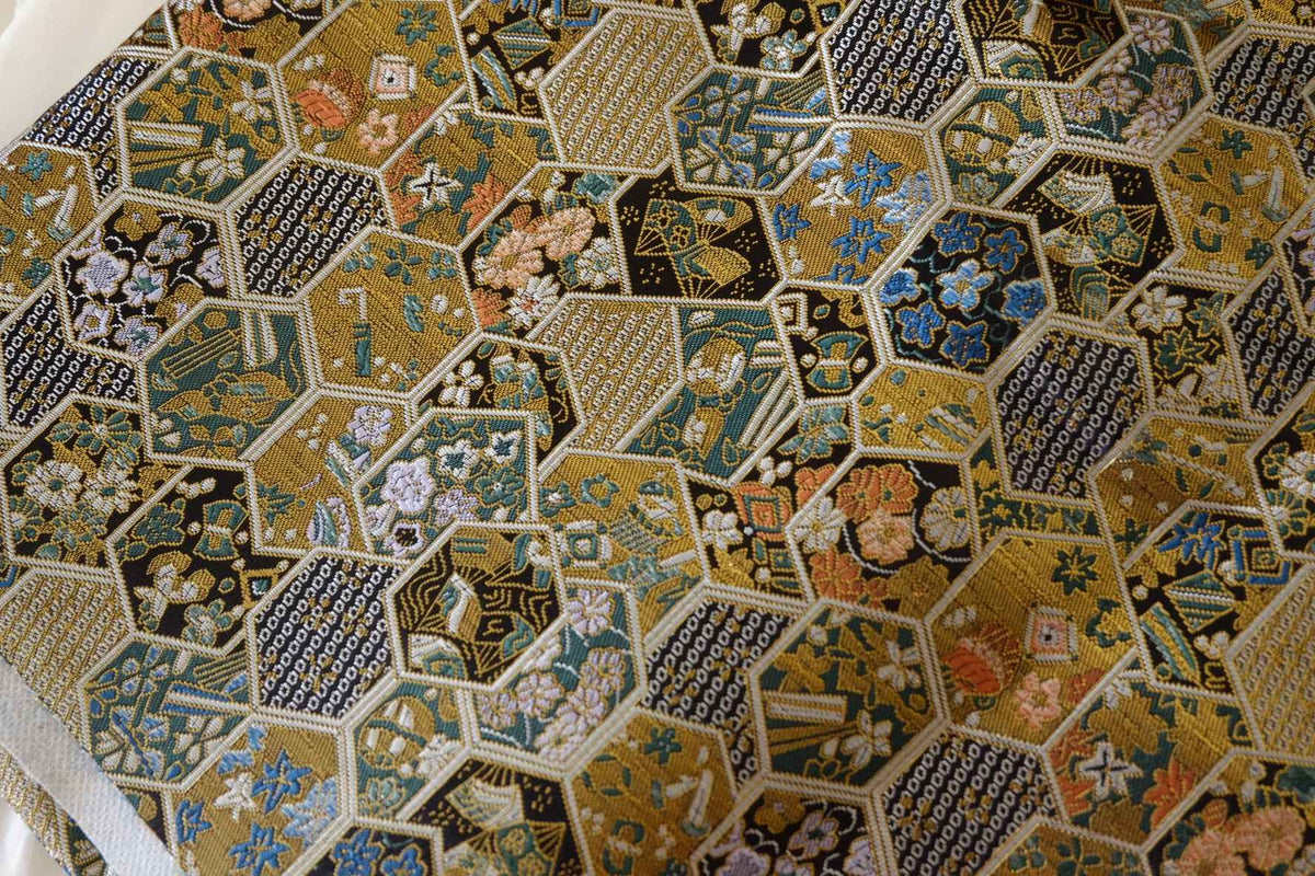 Antique Gold Hexagon Floral Brocade Fabric – 2.2 yd