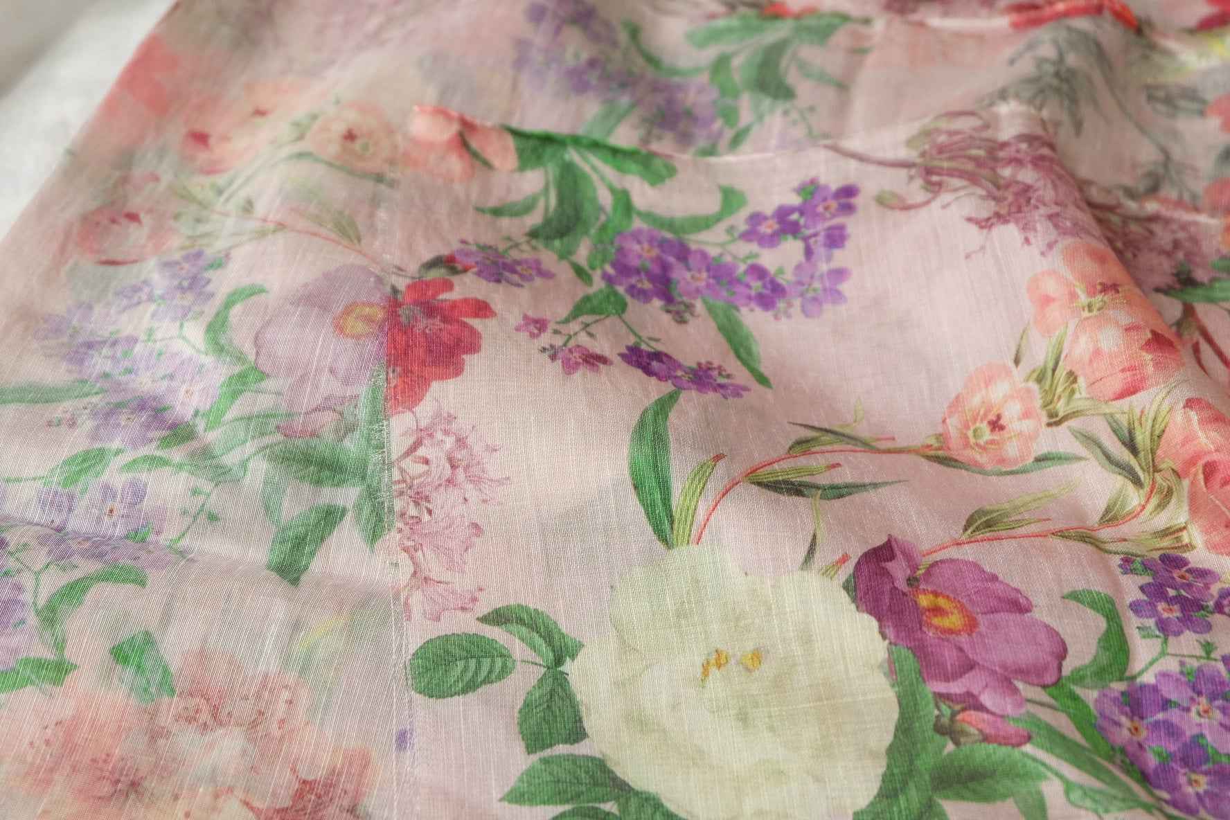 Pink Painterly Floral Tencel Linen Fabric, Lightweight Airy Dress Weight, 3.3 Yards