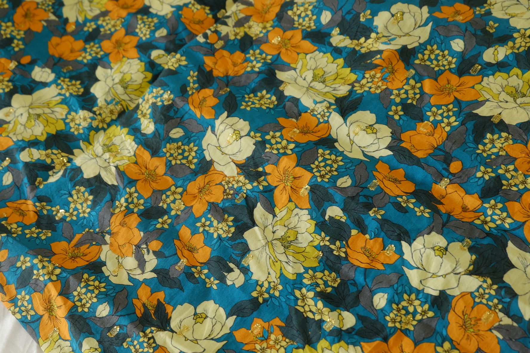 Teal & Orange Floral Gold-Dot Cotton Lawn – 1.6 yd