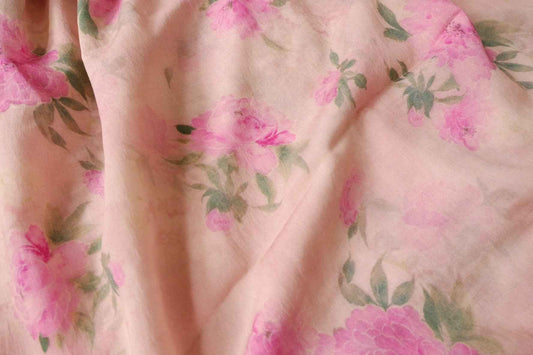 Tencel Linen Floral Fabric, Soft Pink Rose Print, 3.28 Yards
