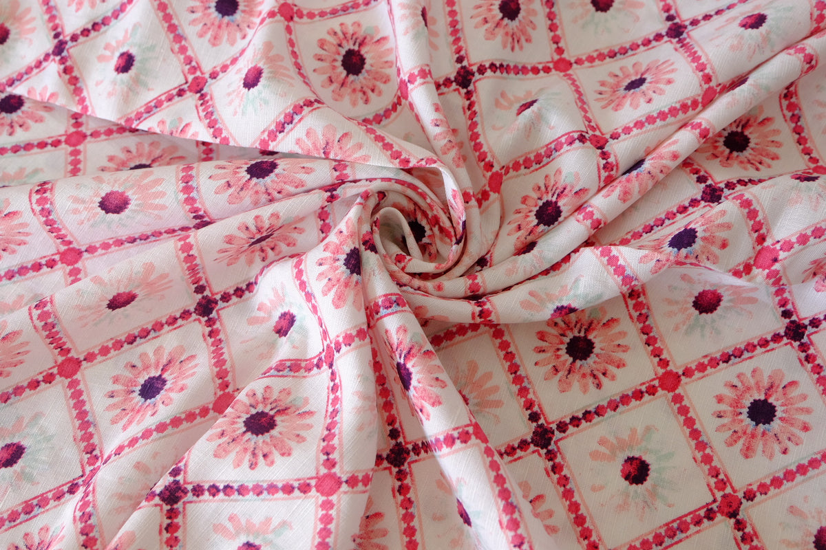 Pink Daisy Lattice Lyocell Ramie Blend – 2.19 yd