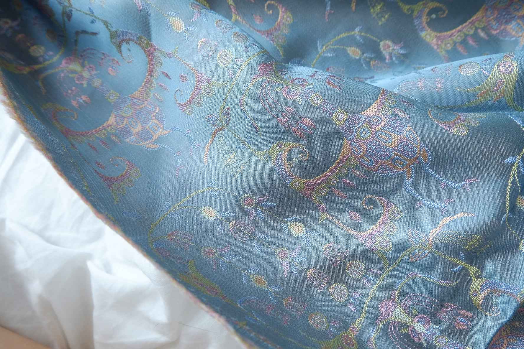 Silk Double-Sided Brocade Fabric, Fantasy Creature Jacquard in Dusty Blue, 2.19 Yards