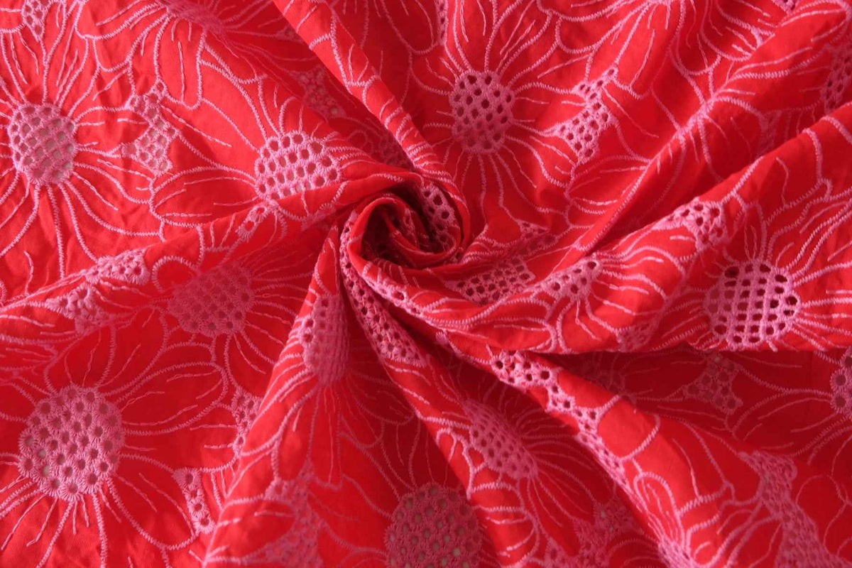 Red Floral Double-Border Embroidered Cotton — 1.75 yd