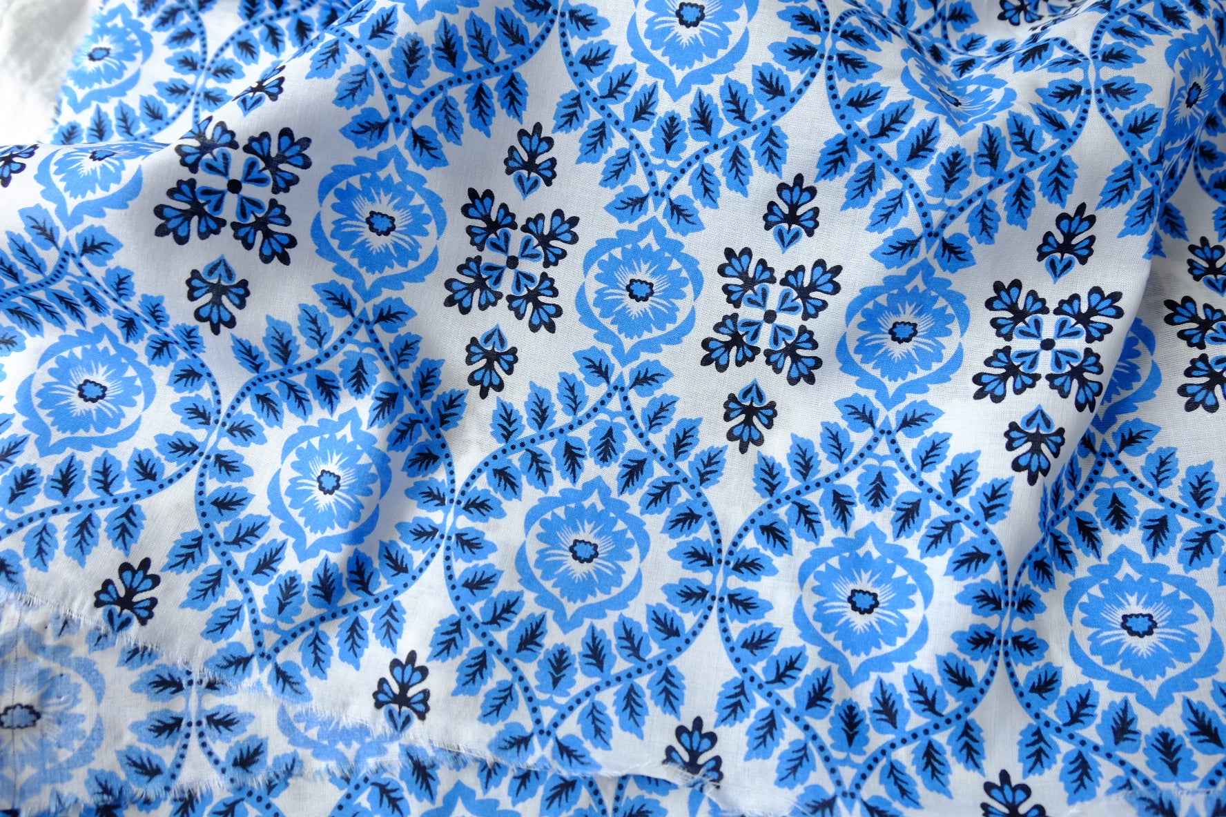 Blue Folk Floral Cotton Fabric - 2.19 Yards