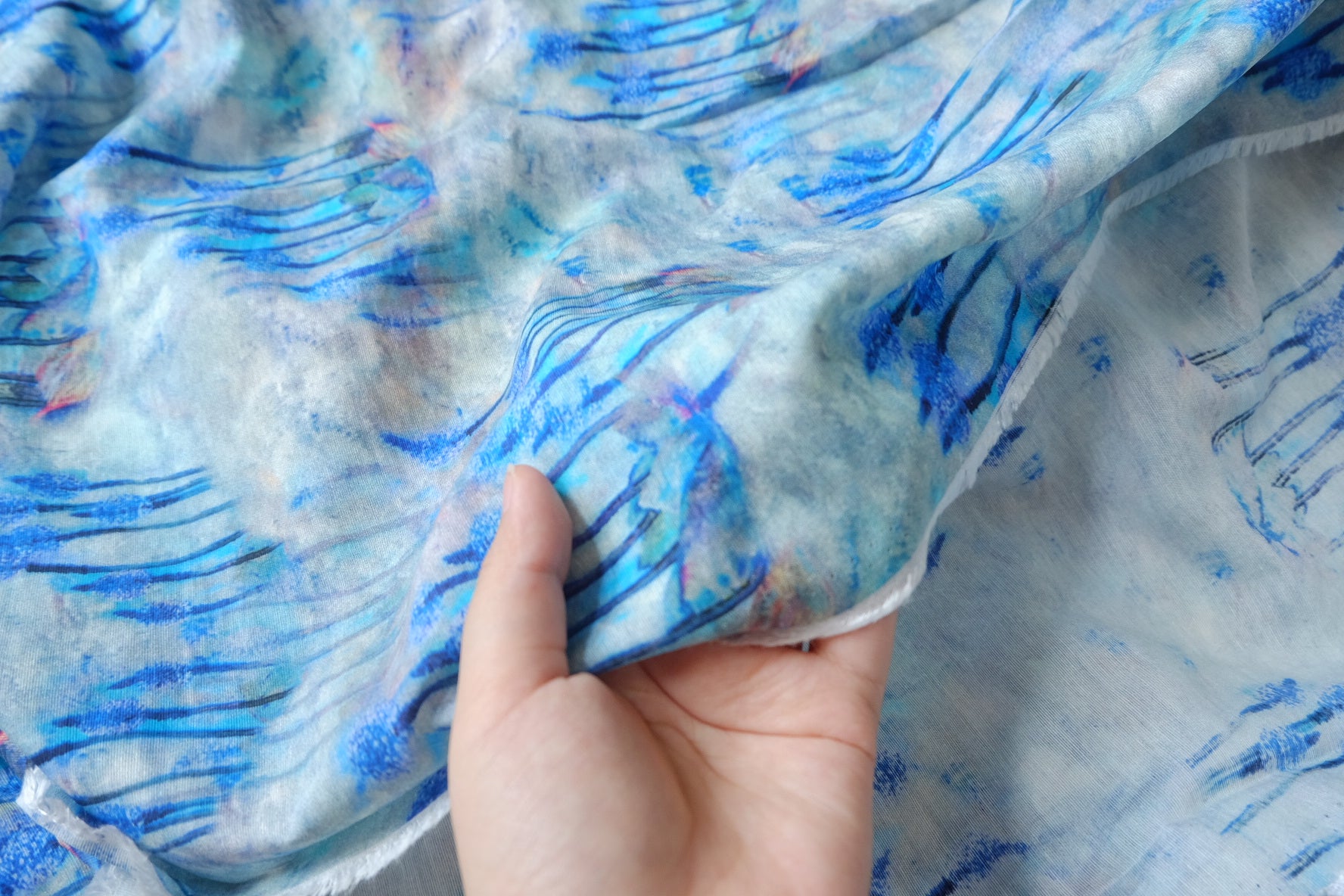 Blue Watercolor Abstract Floral Tencel Linen Blend — 2.19 yd