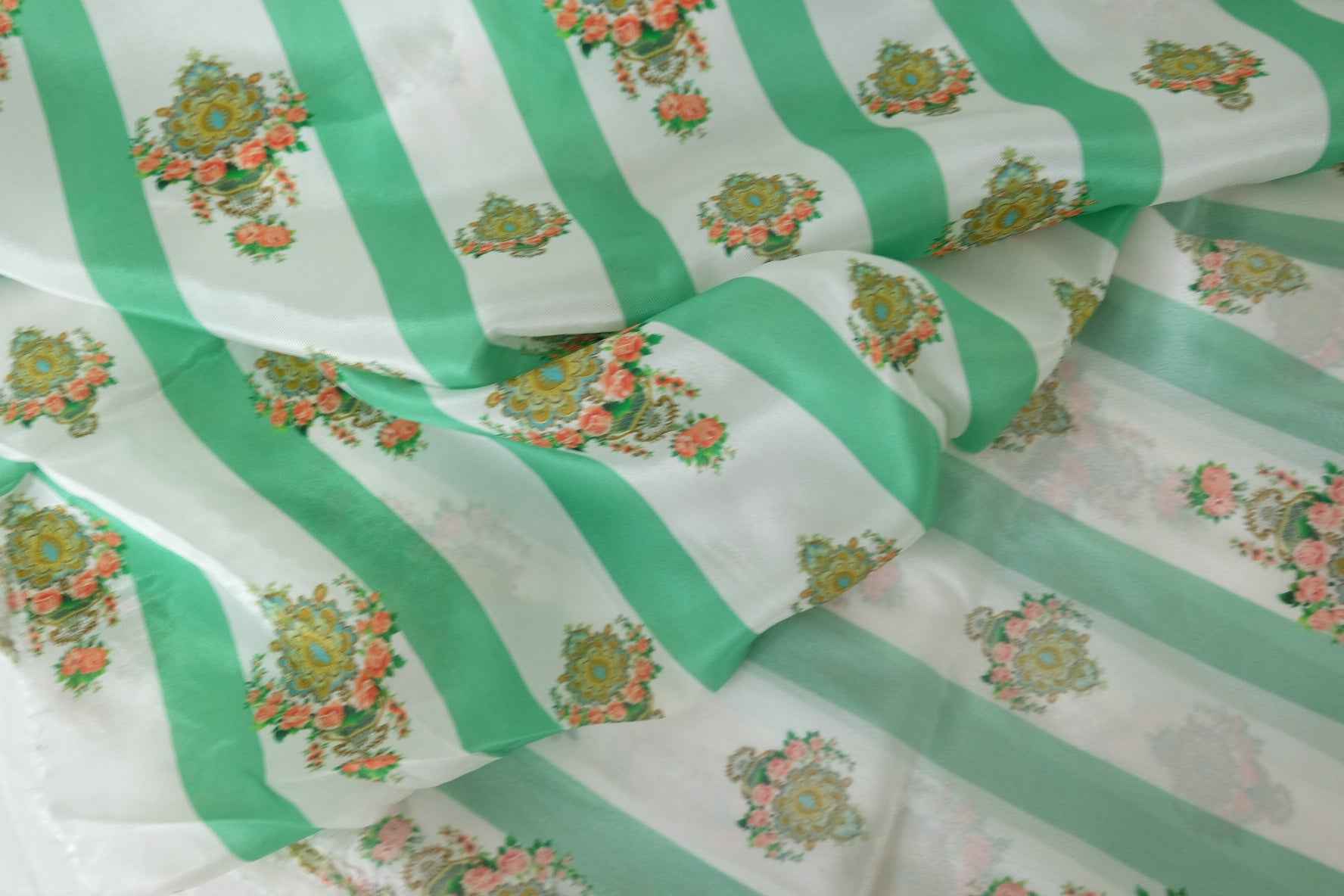 Emerald Stripe Floral Pure Cupro Fabric – 2.2 yd