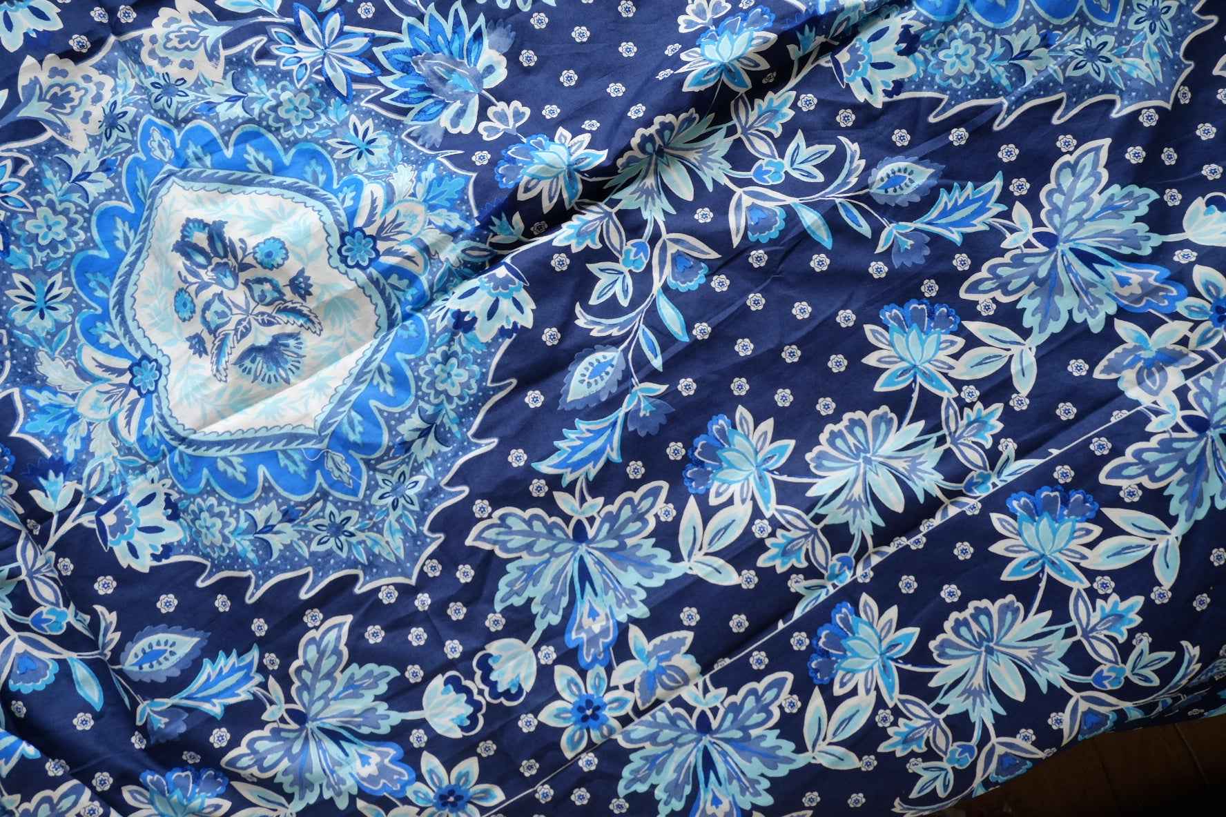 Blue Floral Medallion Cotton Panel Fabric - 2.95 yd