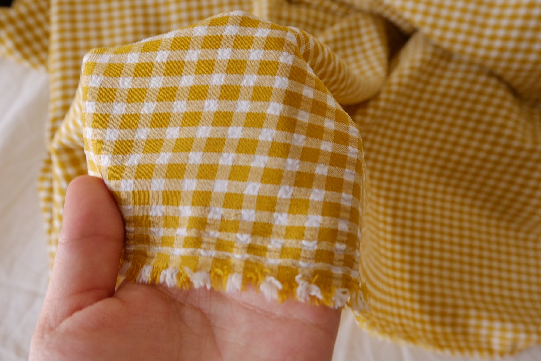 Mustard Yellow Gingham Cotton Blend Fabric - 3.3 yd