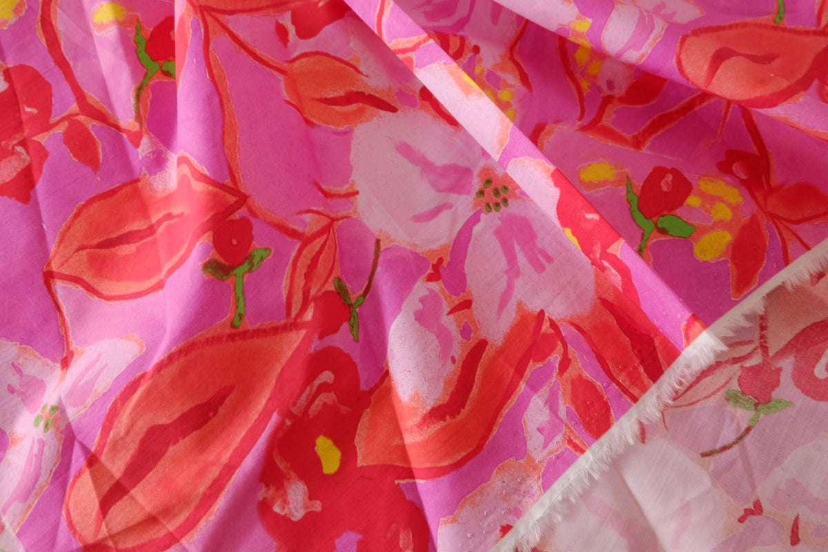 Hot Pink Floral High-Density Cotton Poplin Remnant – 1.1 yd