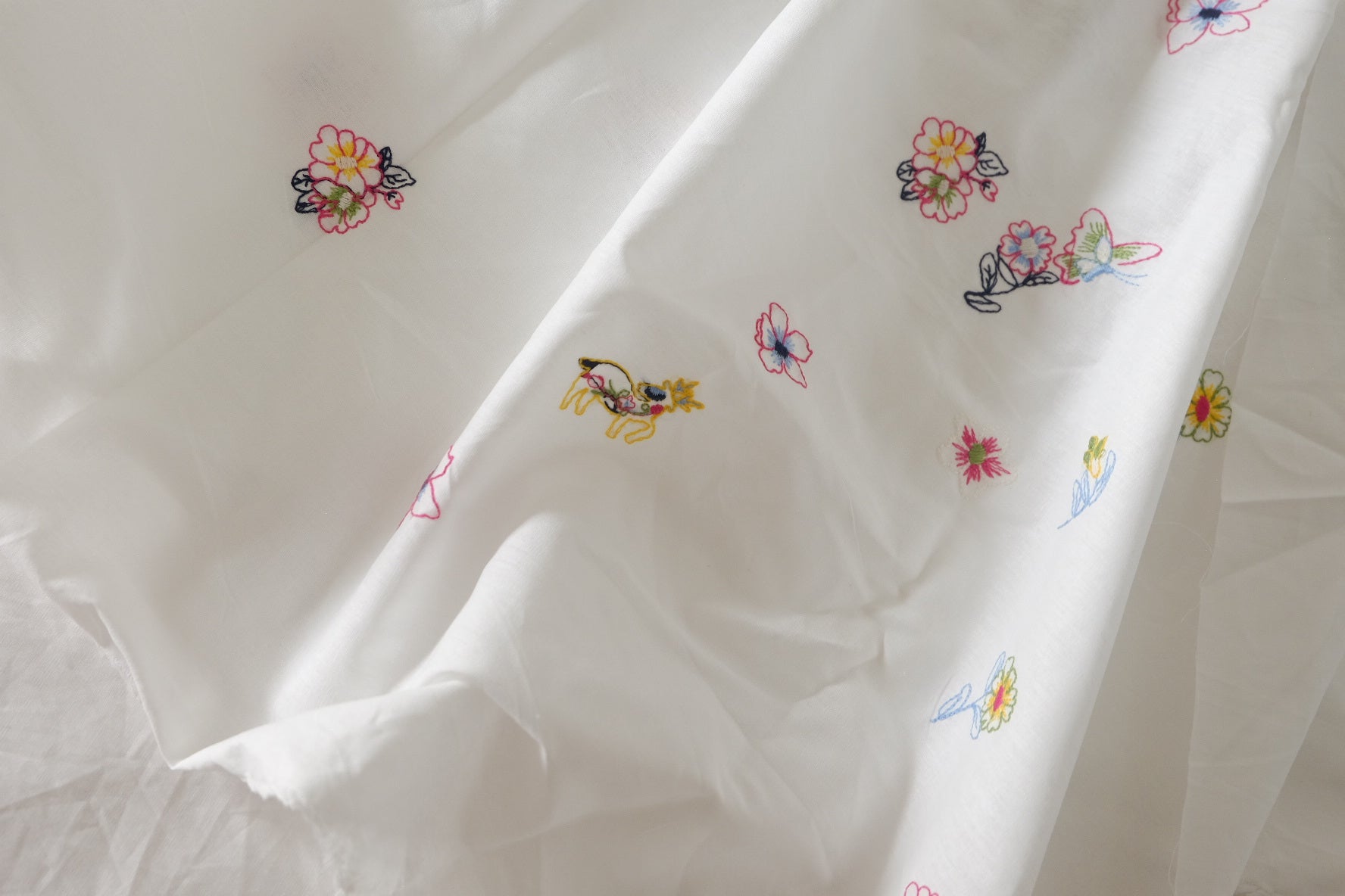 White Floral & Butterfly Embroidered Cotton Fabric – 1.9 yd