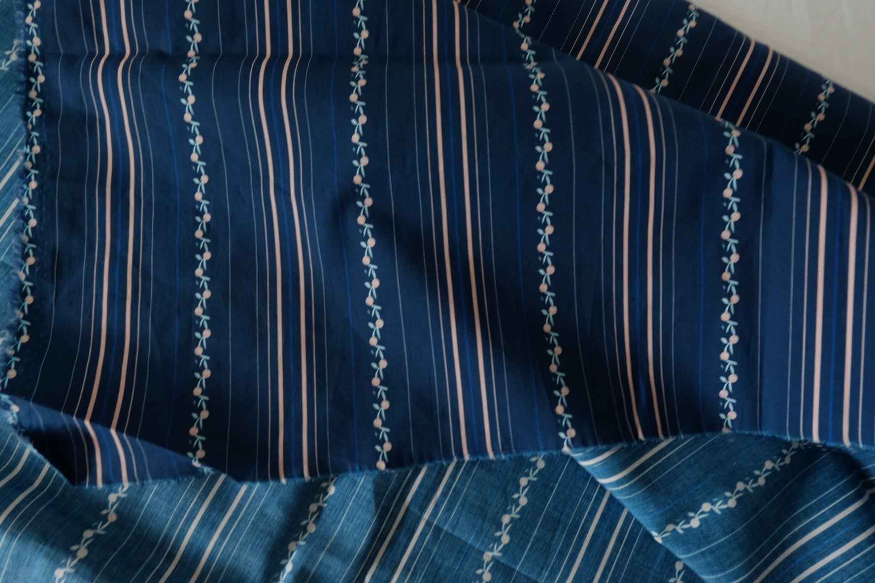 Navy Floral Stripe Cotton Poplin Fabric – 2.2 yd / Discounted
