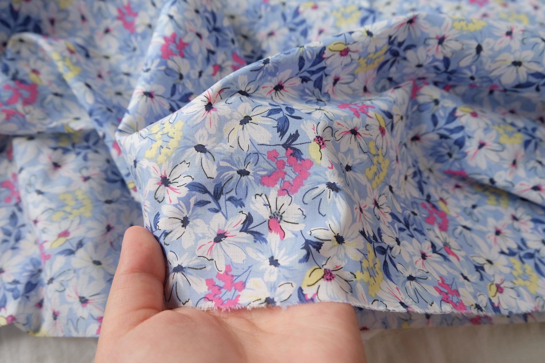 Blue Summer Daisy Cotton Poplin Fabric — 2.19 yd