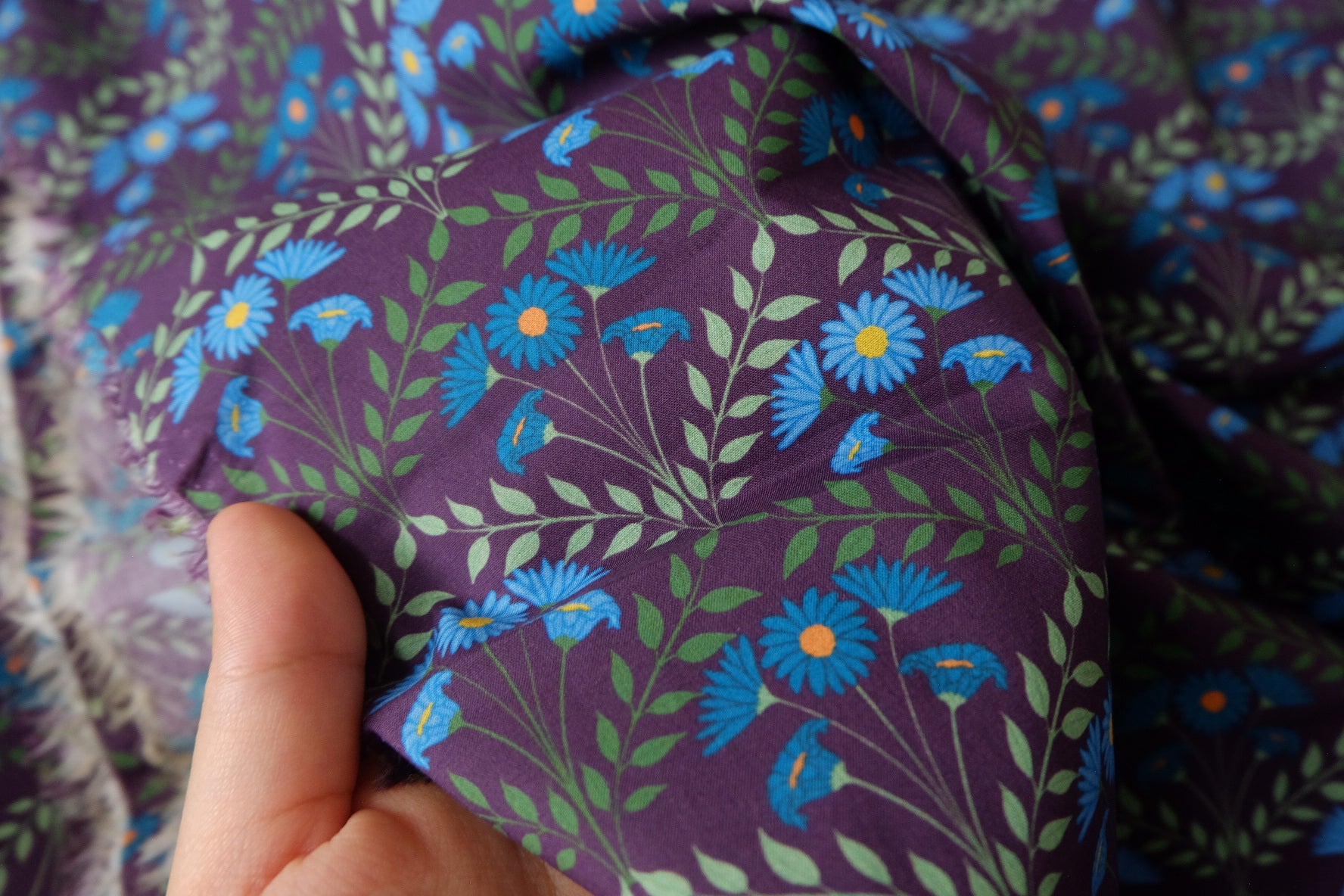 Purple Blue Daisy Cotton Poplin Fabric - 2.19 yd