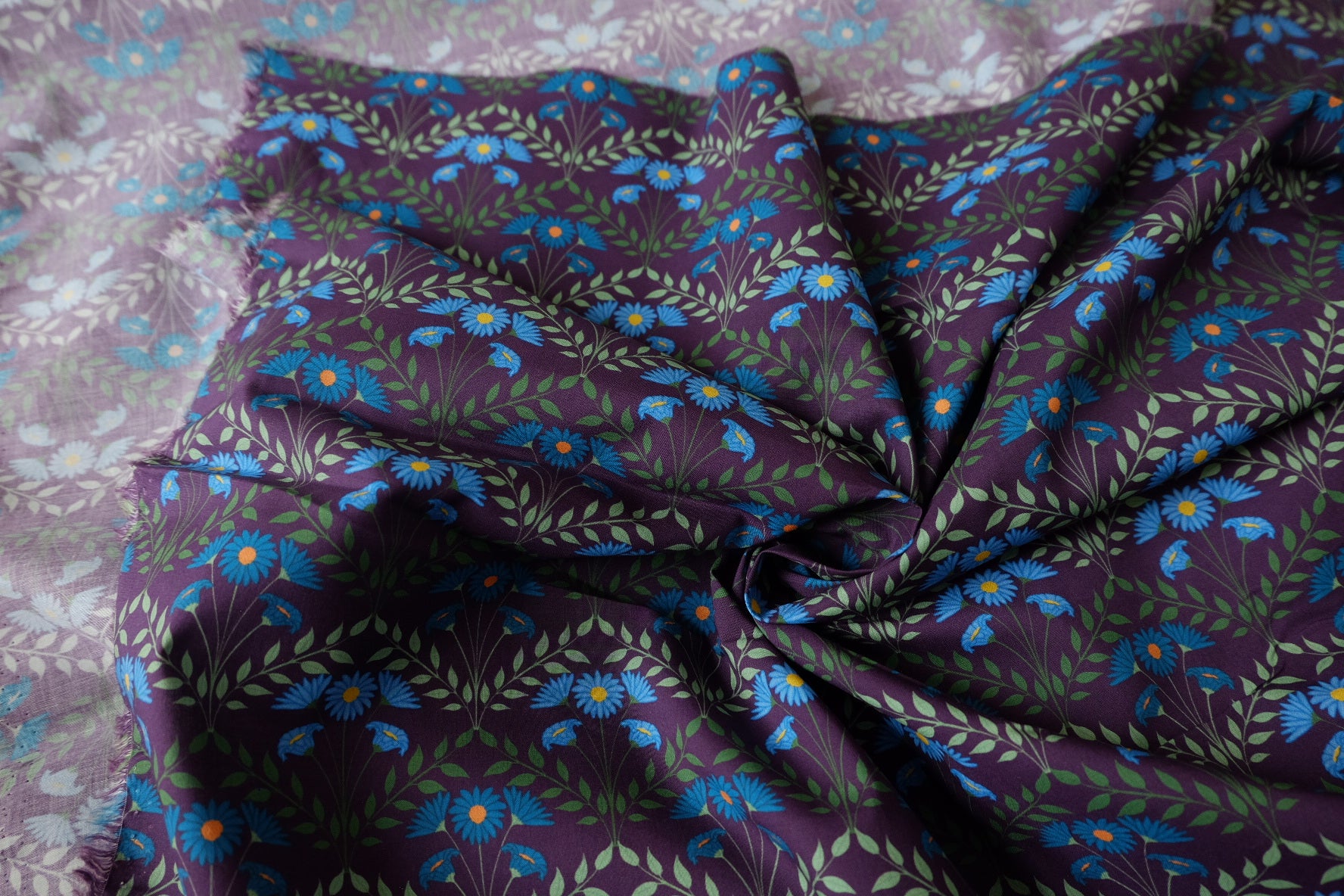 Purple Blue Daisy Cotton Poplin Fabric - 2.19 yd