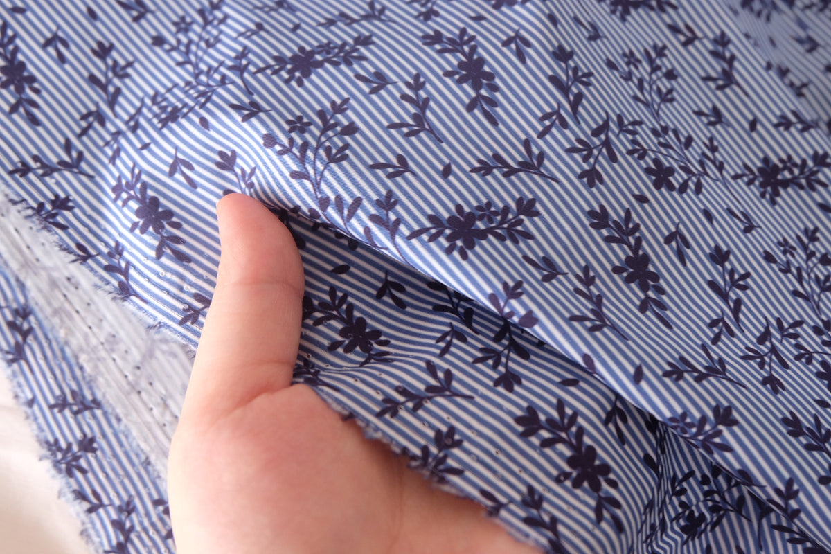 Blue Stripe Floral Cotton Lawn — 2.19 yd