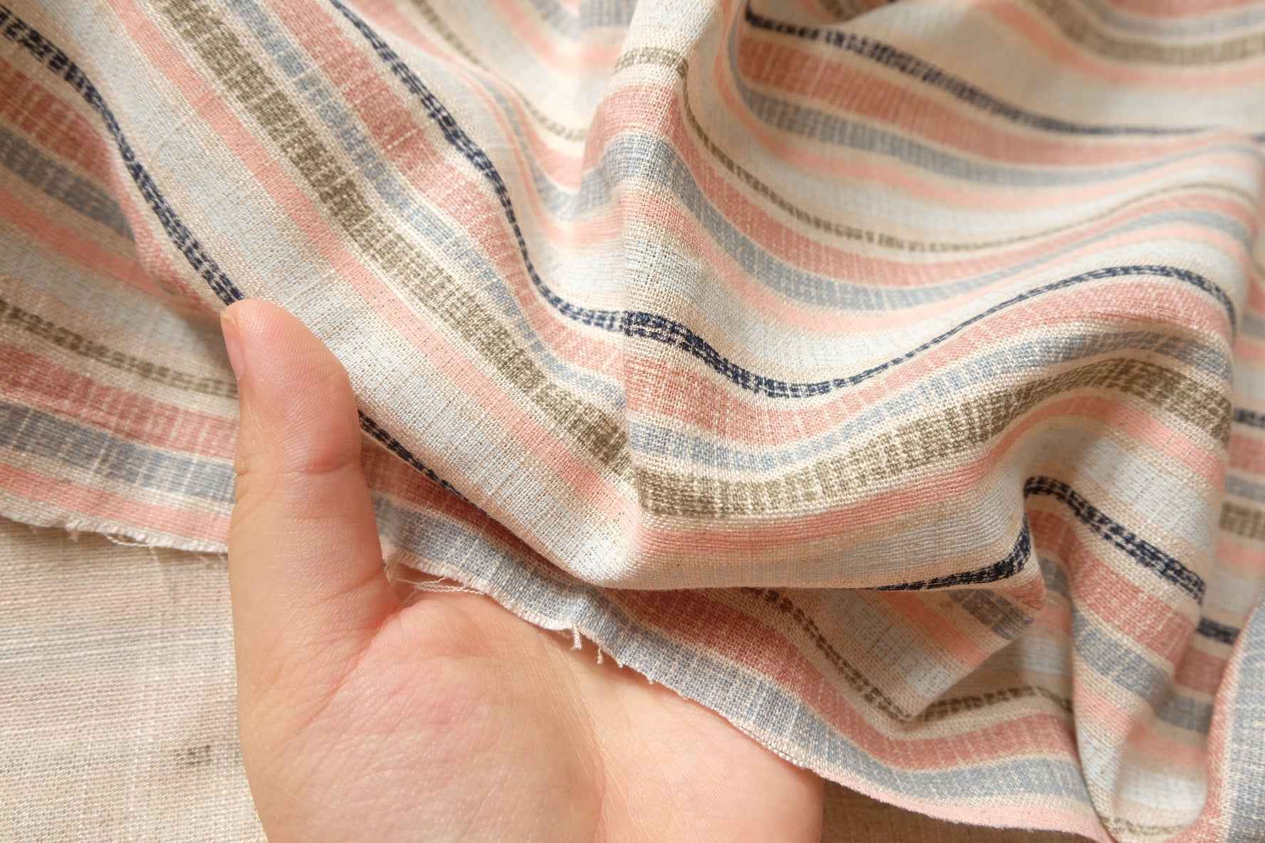 Thai Yarn-Dyed Cotton Linen Stripe Fabric, Breathable Medium Weight, 2.19 Yards