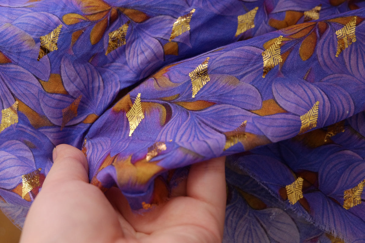 Purple Floral Cotton Lawn with Gold Woven Detail – 1.4 yd