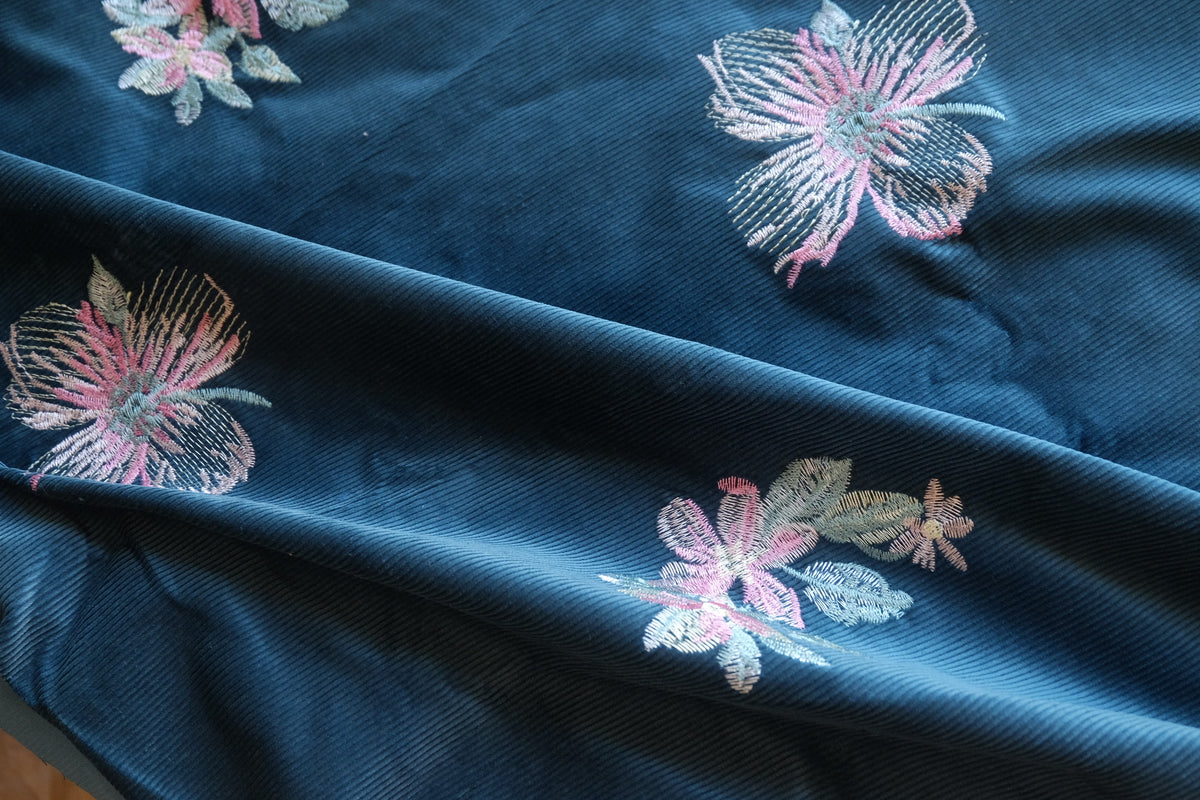 Midnight Teal Floral Embroidered Cotton Corduroy Fabric