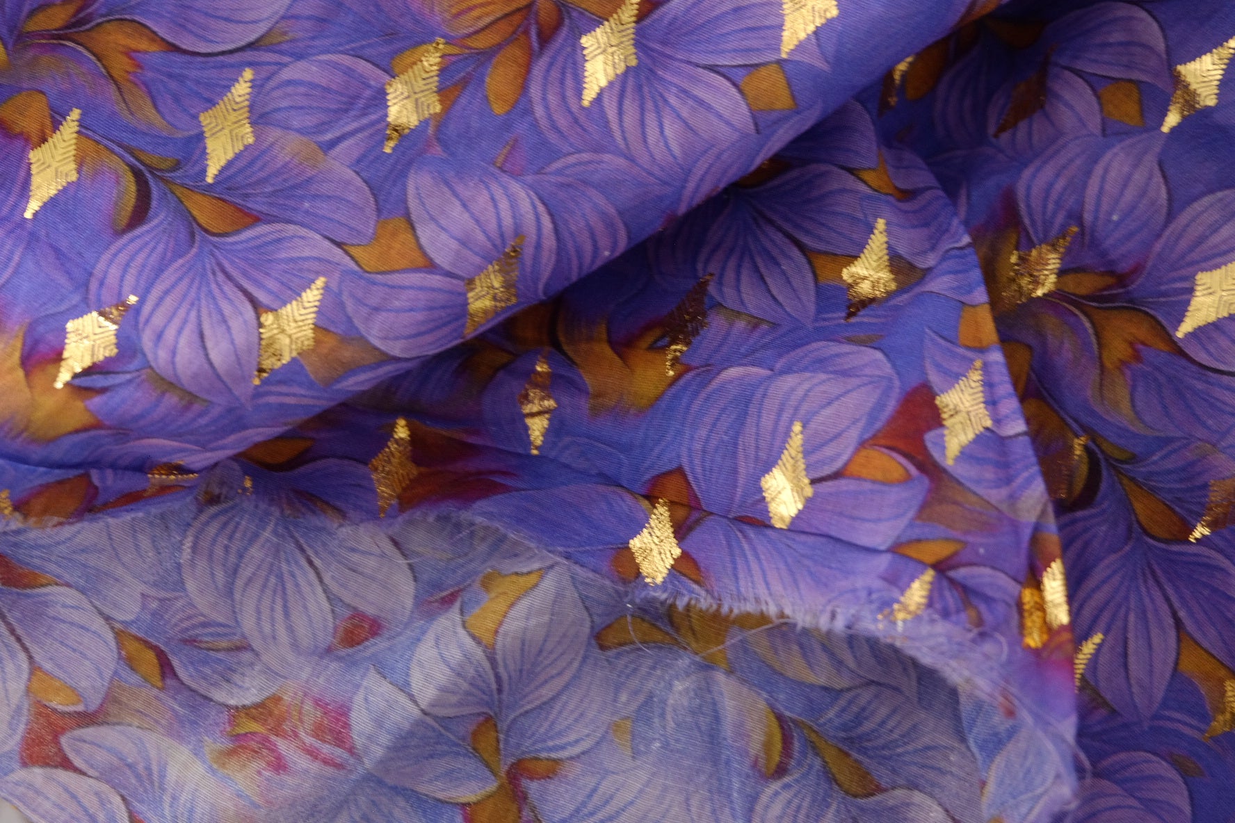 Purple Floral Cotton Lawn with Gold Woven Detail – 1.4 yd
