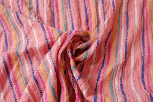 Crinkled Embroidered Cotton Fabric in Pink, Soft Summer Blouse Fabric, 2.19 Yards