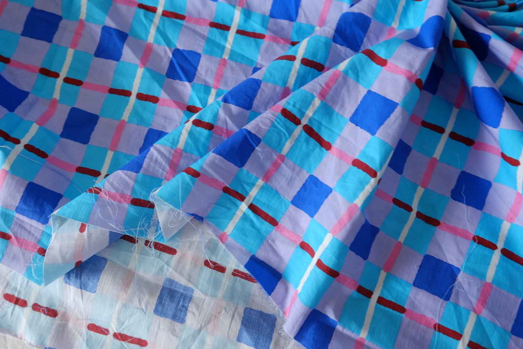 Colorful Hand-Painted Check Cotton Poplin Fabric – 4.5 yd