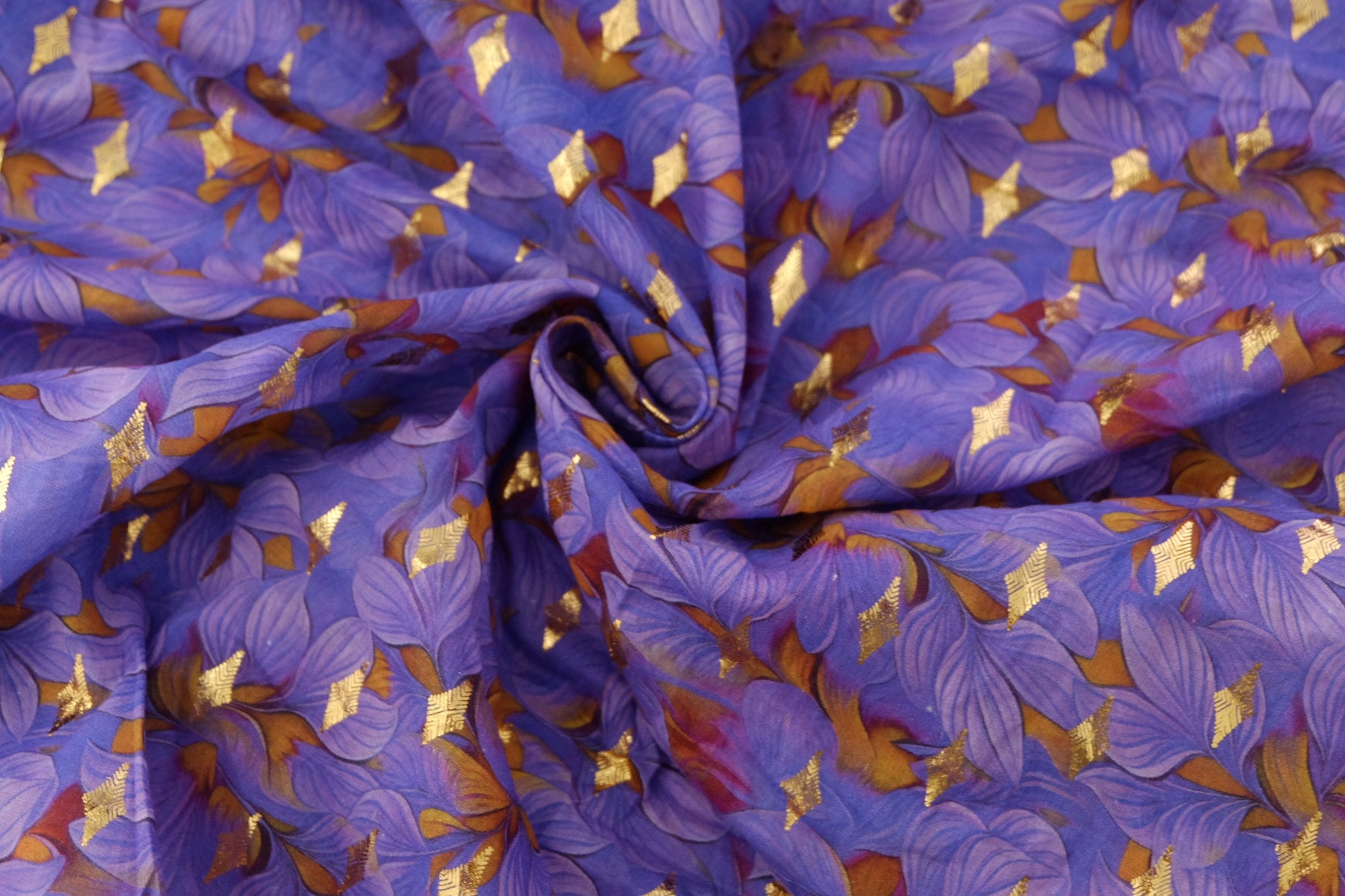 Purple Floral Cotton Lawn with Gold Woven Detail – 1.4 yd