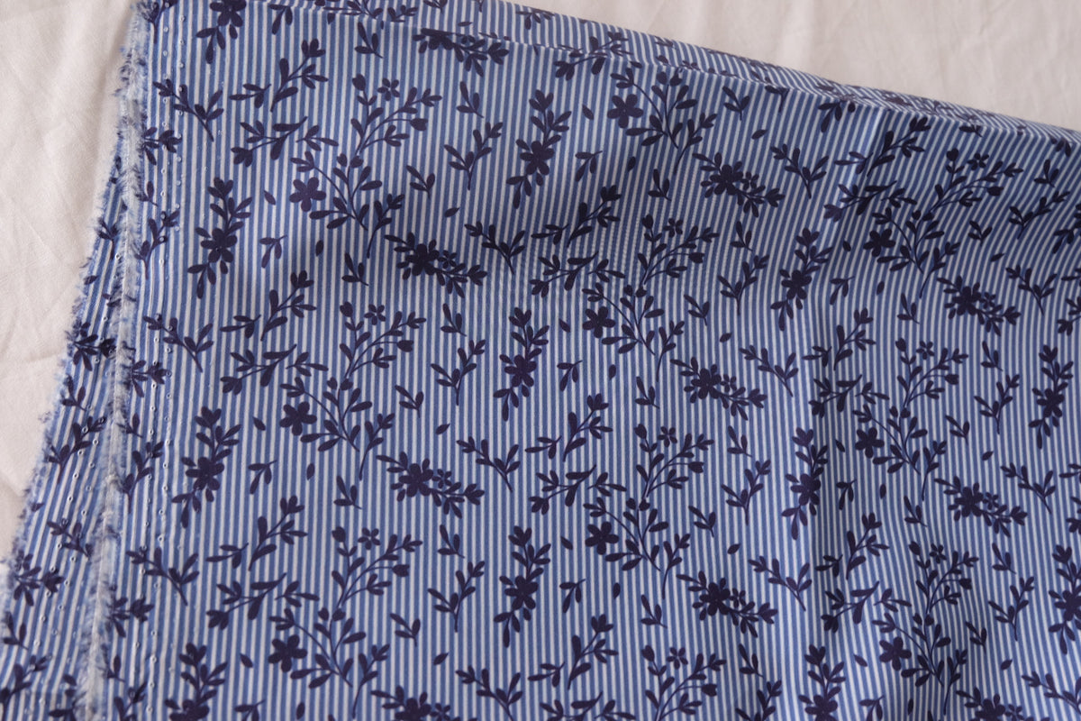 Blue Stripe Floral Cotton Lawn — 2.19 yd