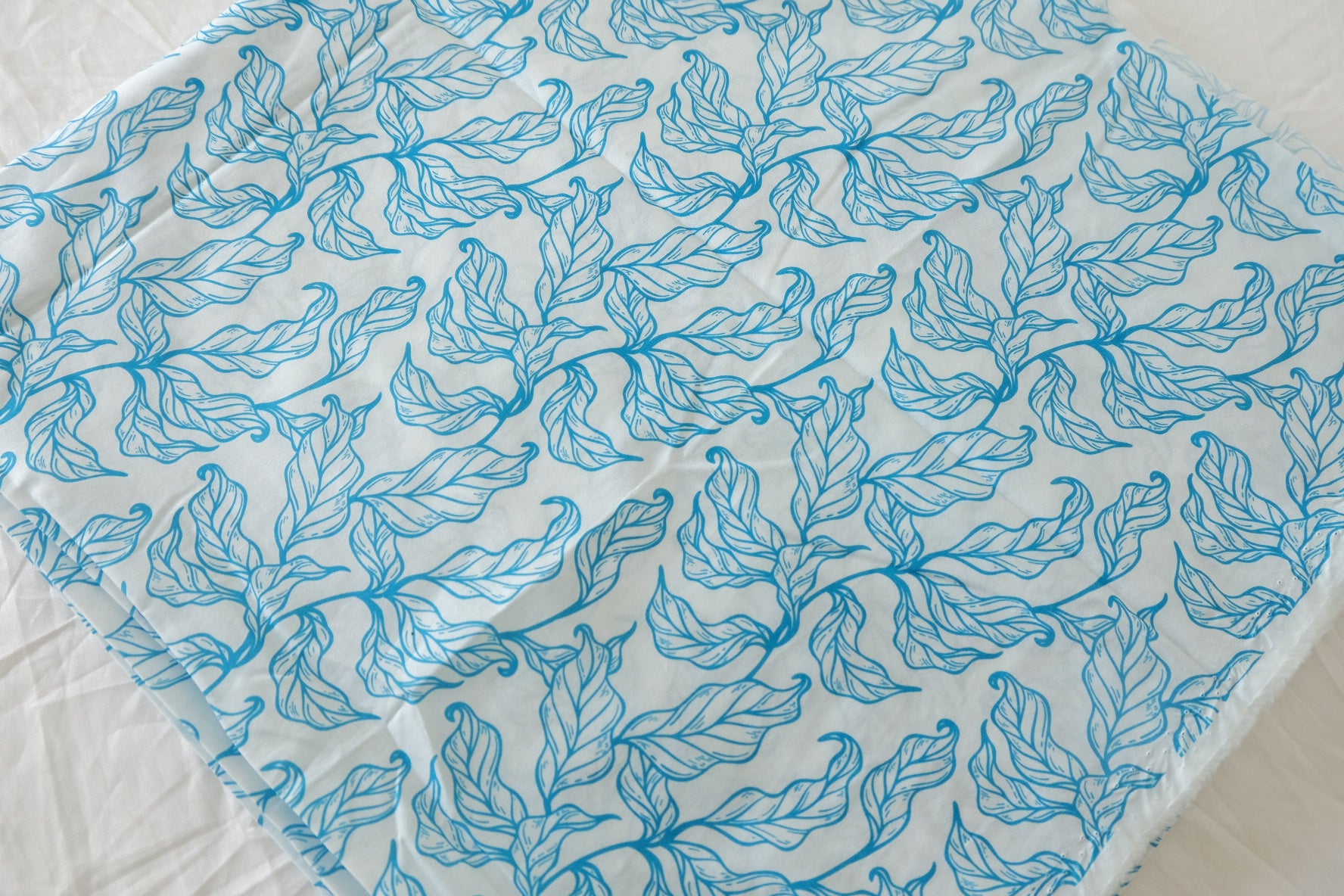 Coastal Blue Leaf Sketch Cotton Lawn Fabric – 1.42 yd Piece