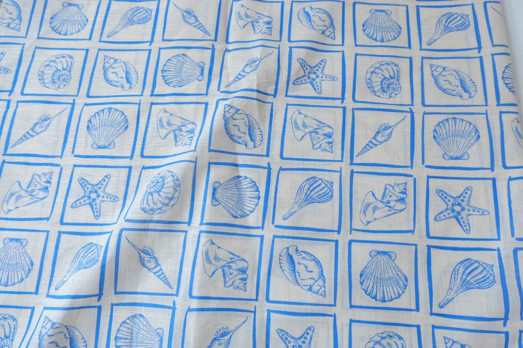 Blue Shell Print Linen Cotton Fabric, Crisp Summer Weight for Dresses and Tops, 3.28 Yards