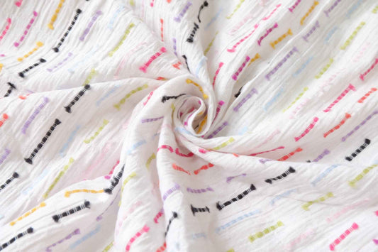 Crinkled Cotton Clip Dot Fabric with Multicolor Embroidery, Soft Opaque Summer Blouse Fabric, 2.19 Yards