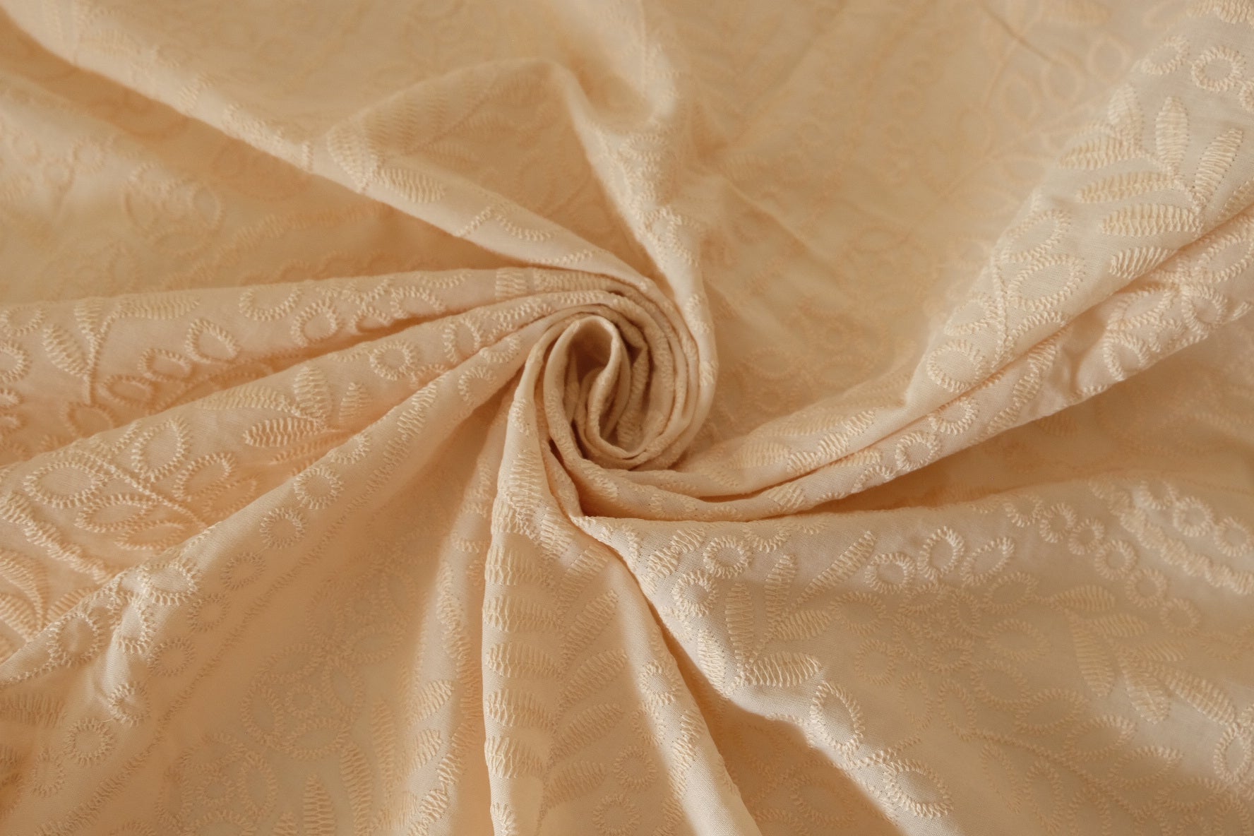 Cream Textured Embroidered Cotton Fabric – Structured Floral Paisley – 2.2 yd