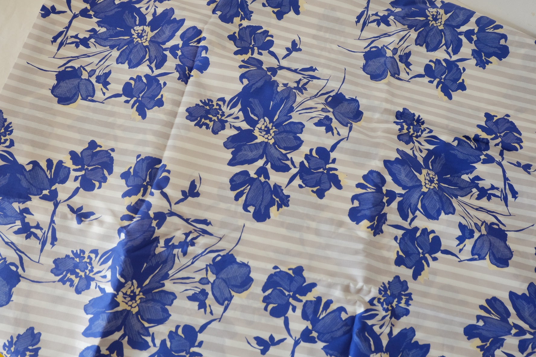 Blue Floral Stripe Cotton Lawn Fabric – Lightweight Summer Garden Print – 1.6 yd