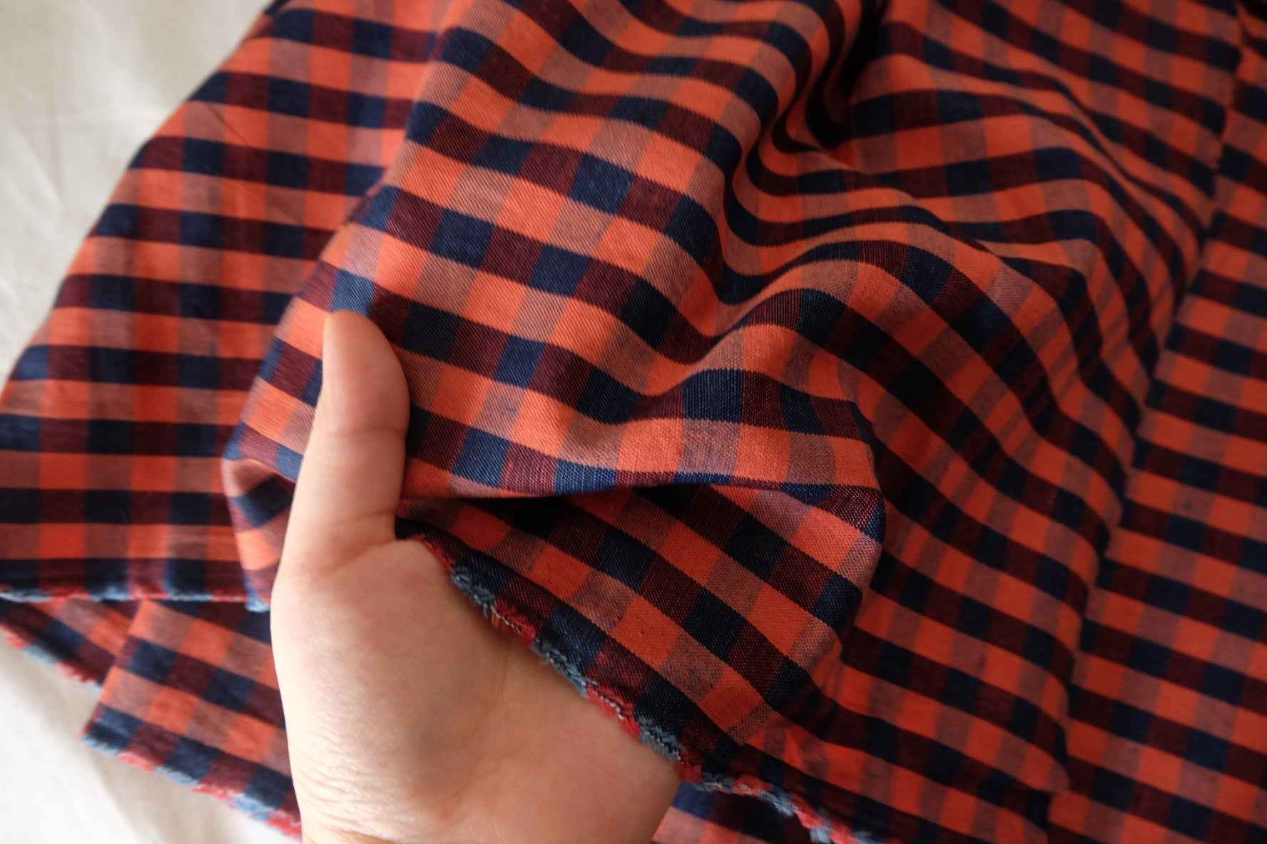 Rust Orange & Navy Plaid Linen Cotton Fabric – 2.2 yd