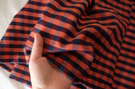 Rust Orange & Navy Plaid Linen Cotton Fabric – 2.2 yd